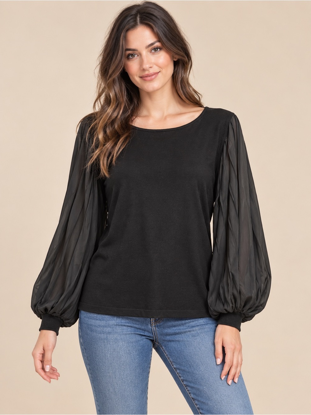 Calvin Klein Black Mixed Media Sheer Balloon Sleeve Knit Top